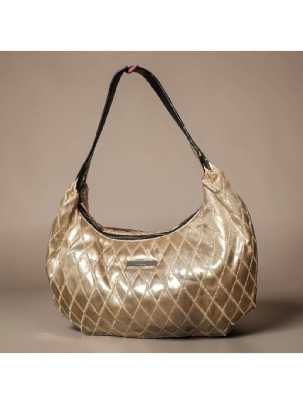 Via Spiga Gold Quilted Satin Shoulder  Bag Black Leather Strap
